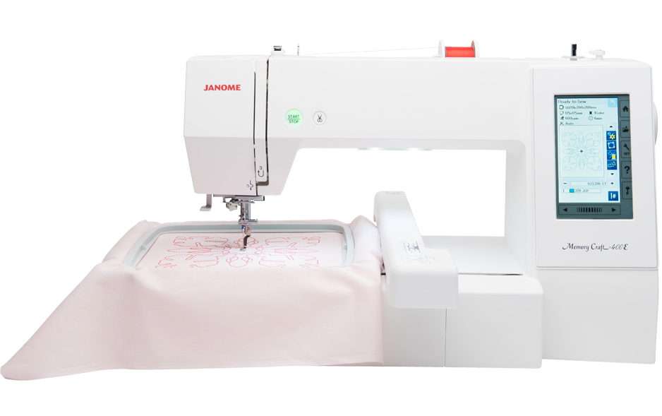 Janome Memory Craft 400E embroidery machine, official product photo